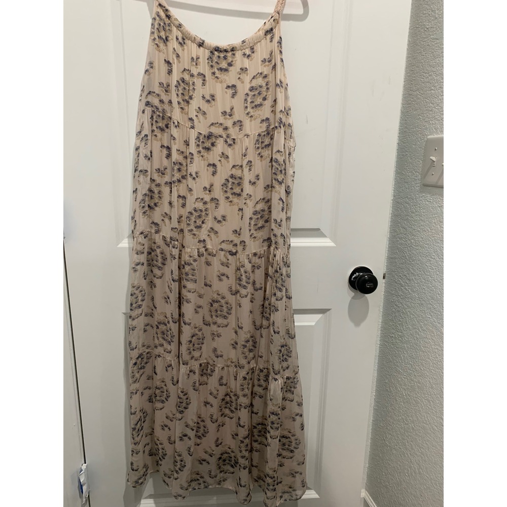 Elena Baldi Italy Silk Blend Tiered Maxi Dress Floral Abstract Cream Blue Small